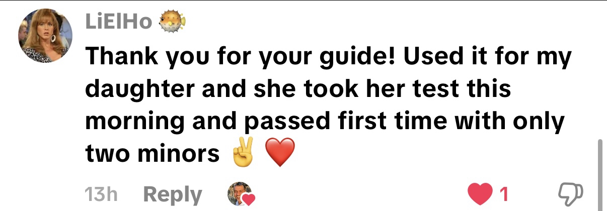 Customer feedback saying the handbook helped her daughter pass first time with two minors