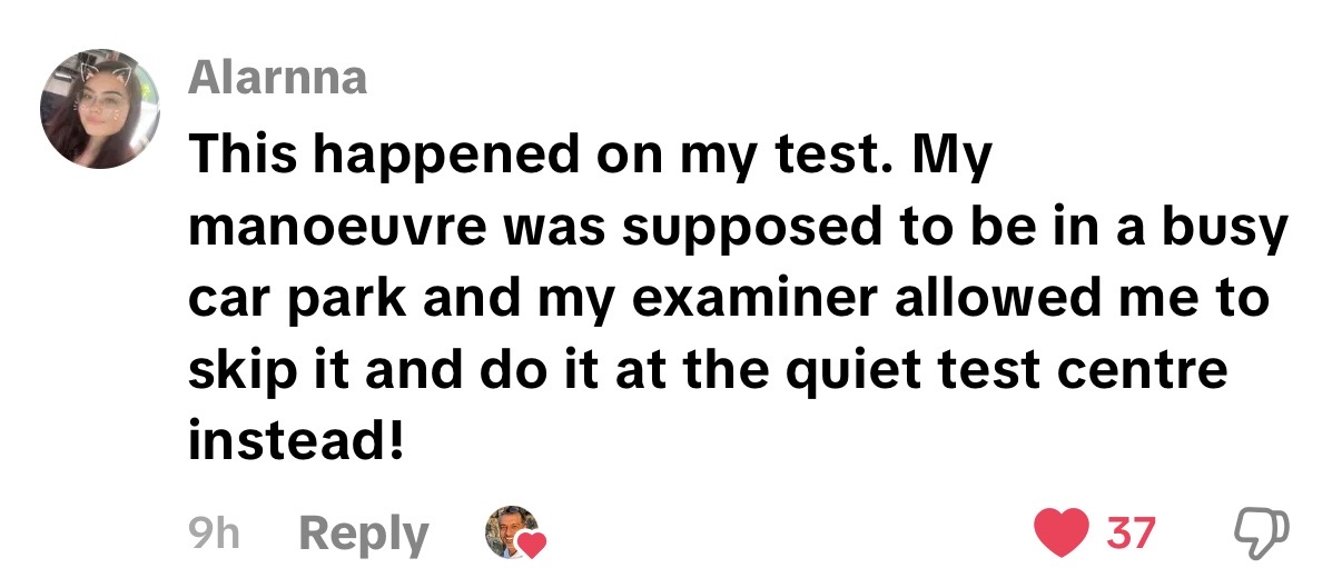 Learner feedback about completing a manoeuvre at a quieter test centre
